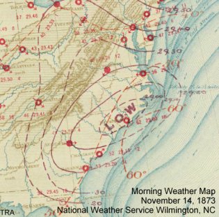 Morning weather map from November 17, 1873 showing a powerful low over the Coastal Carolinas