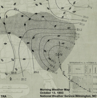 Morning weather map from October 19, 1893 showing the "Charleston Hurricane" moving into the Carolinas