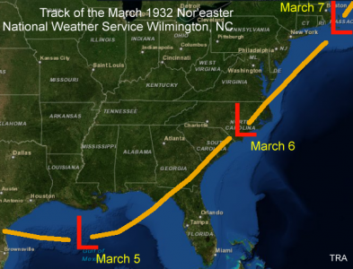 Track of the early March, 1932 Nor'easter