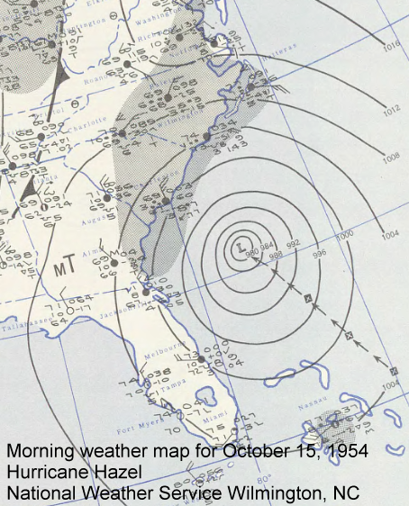 Morning weather map from October 15, 1954 with Hurricane Hazel