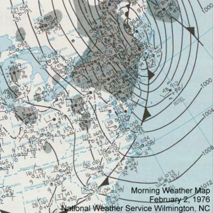 Surface weather map from February 2, 1976