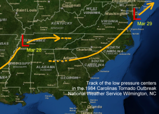 Track of the surface lows during the Carolinas Tornado Outbreak of March 28, 1984