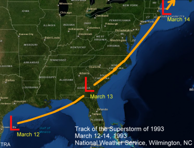 Track of the 1993 Superstorm, March 12 through 14, 1993