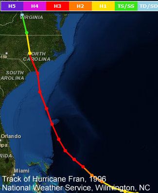 Track of Hurricane Fran, 1996