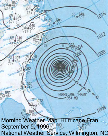 Morning Weather Map, September 5, 1996 showing Hurricane Fran approaching North Carolina