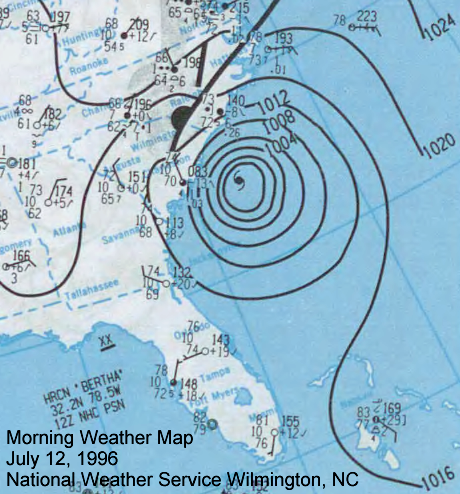 July 12, 1996 surface weather map with Hurricane Bertha