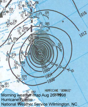 Morning weather map for August 26, 1998.  Hurricane Bonnie.