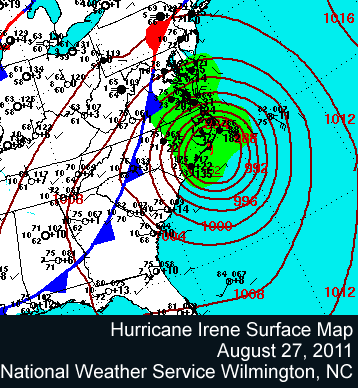 Hurricane Irene surface map, August 27, 2011