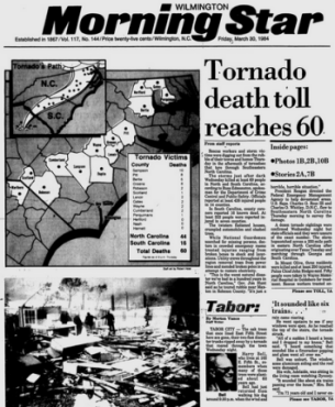 Newspaper story about the Carolinas Tornado Outbreak of March 28, 1984