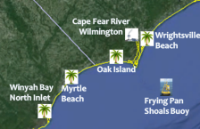 Select a new site using this map:  Wrightsville Beach, Oak Island, Myrtle Beach, Frying Pan Shoals Buoy