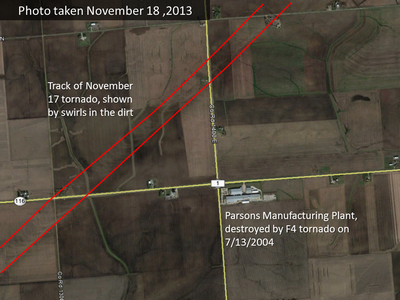 Proximity of the November 17 tornado track to the Parsons Manufacturing Plant