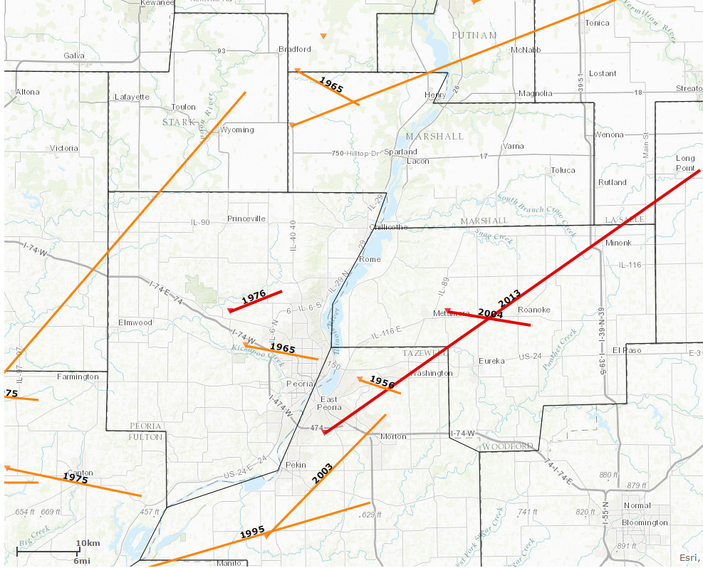 F3/EF3-strength tornadoes reported near Washburn since 1950. Image courtesy Midwestern Regional Climate Center.
