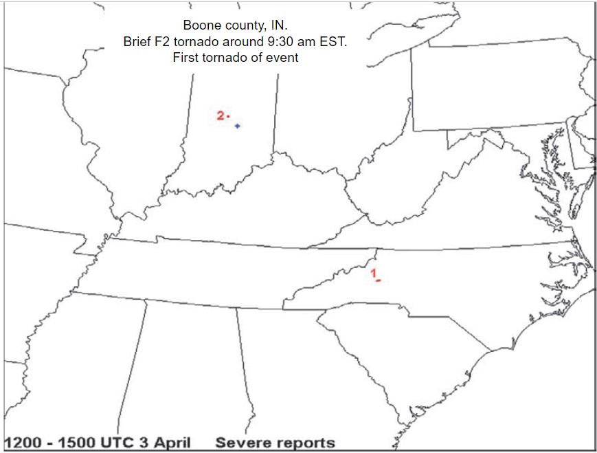Reports from 7:00 AM to 10:00 AM EST, showing a lone tornado across central Indiana
