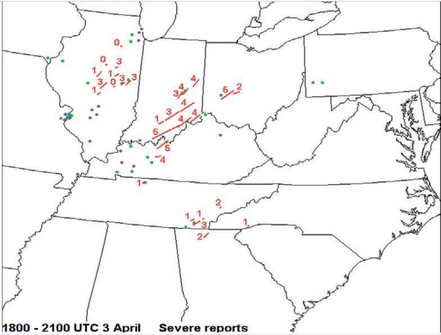 Reports from 1:00 PM to 4:00 PM EST showing multiple tonradoes across the area