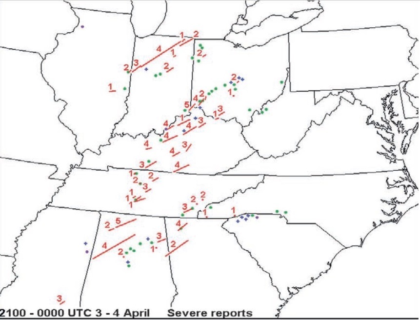 Reports from 4:00 PM to 7:00 PM EST showing multiple tonradoes across the area