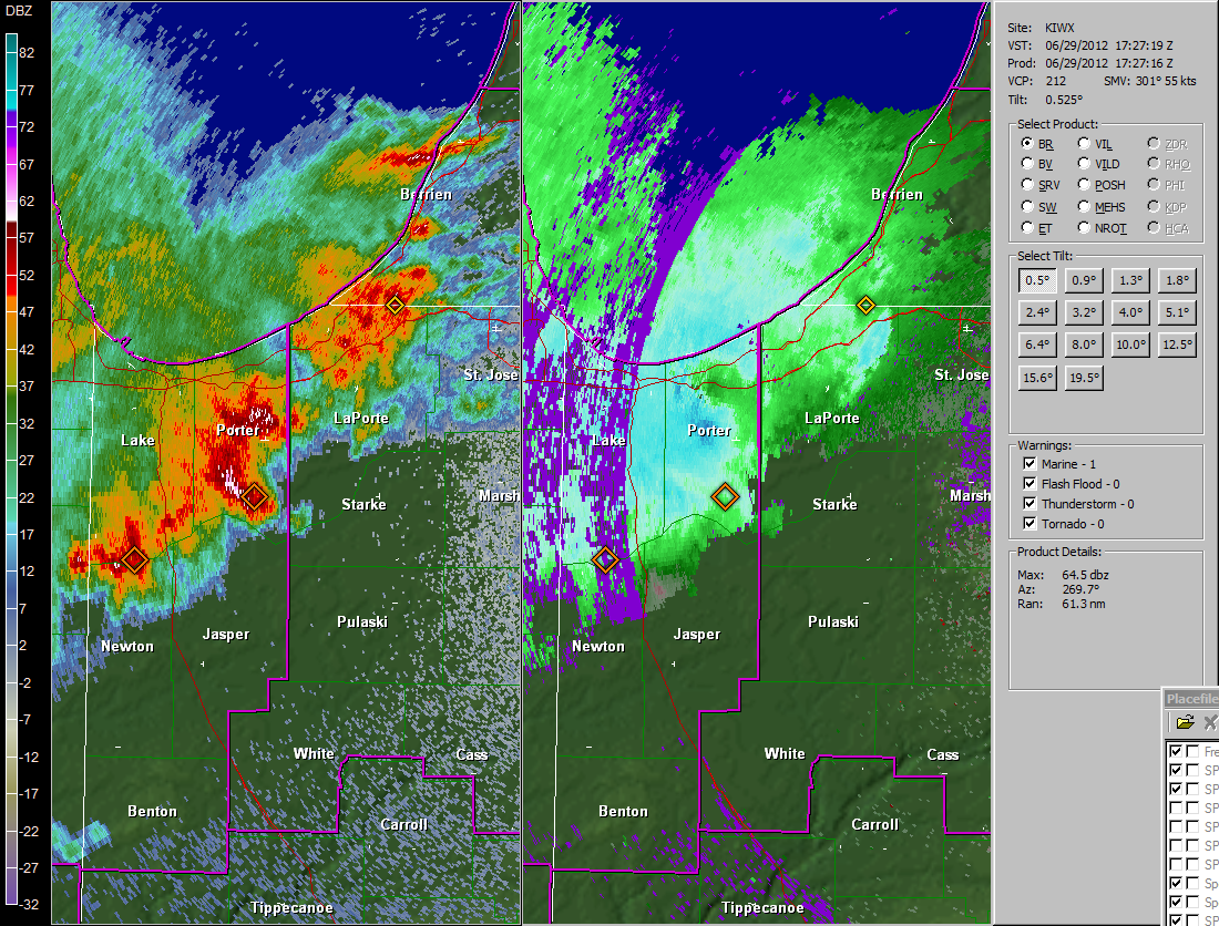 Image of initial radar capture as storms entered northwest Indiana at 127 pm EDT June 29th 2012