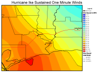 Hurricane Ike Winds Map - Southeast Texas zoom