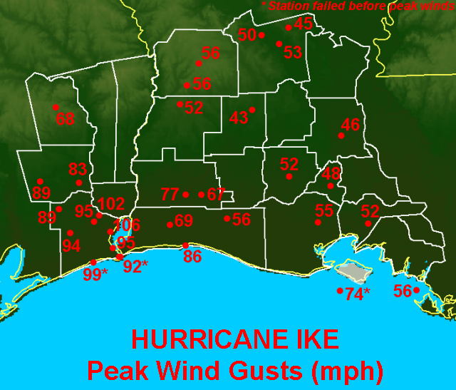 Hurricane Ike peak wind gust image