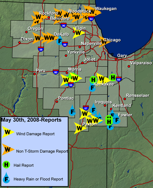 Weather Reports received by the NWS office in Romeoville on Friday, May 30 2008