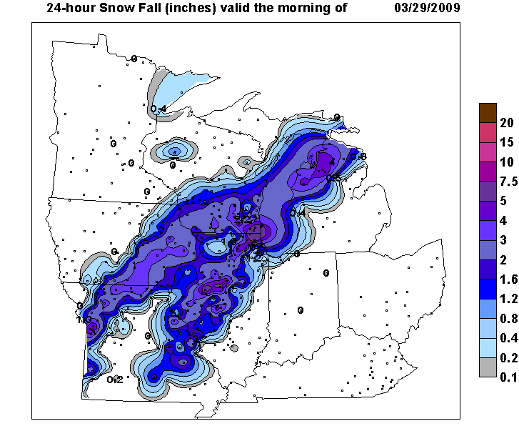 24 Hour Snowfall valid March 29, 2009