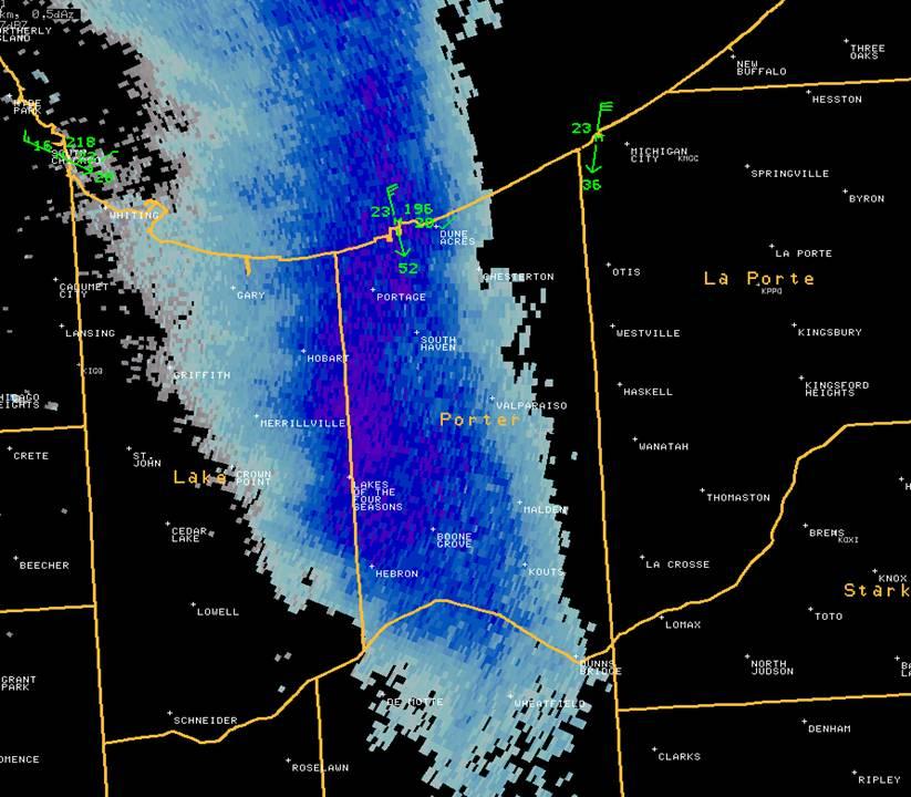 Snapshot of Doppler radar picking up on intense lake effect snow band
