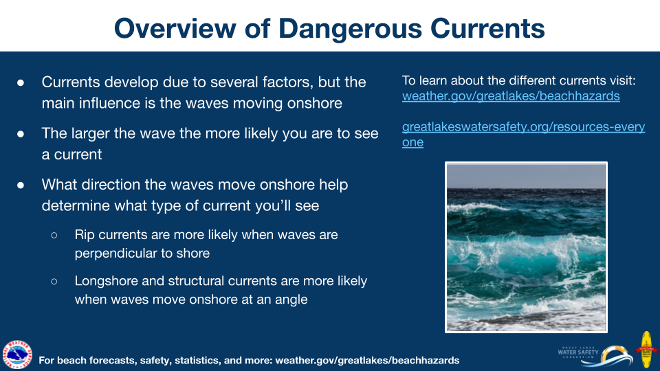Wave Period on the Great Lakes. What makes the Great Lakes different than the Oceans? The Wave Period. The wave period is how long you have between the crest of one wave hitting you before the next wave crest arrives. Here in the Great Lakes, the wave periods are much higher compared to the Oceans. This means if you have LESS time to recover in between waves hitting you. This often is a matter of seconds here in the Great Lakes. This means waves will hit you more frequently. This can QUICKLY tire out even the strongest swimmers. On the Great Lakes 85% of current-related drowning rescues or fatalities occurred during times of high waves! For beach forecasts, safety, statistics, and more visit: weather.gov/greatlakes/beachhazards