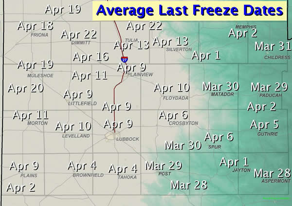 Map displaying the average last freeze dates for various locations across the South Plains, Rolling Plains and Southern Texas Panhandle.