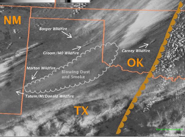 Visible satellite image taken around 4:30 pm CST shows several distinct smoke plumes from the larger wildfires along with blowing dust across the South plains and Rolling Plains.