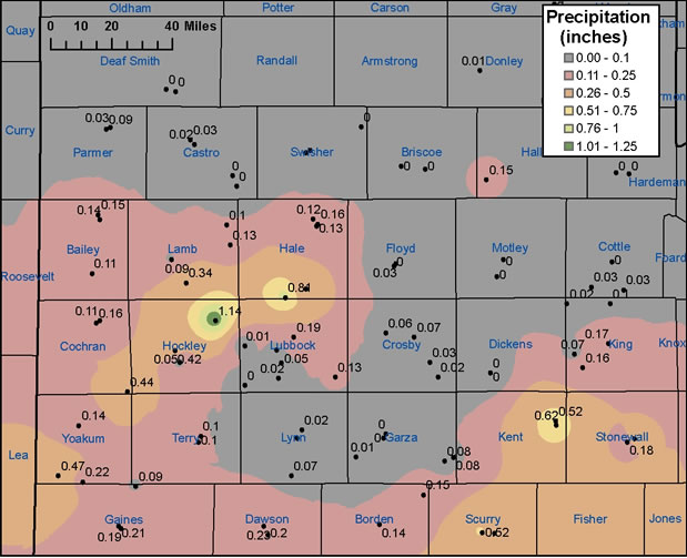 Image of rainfall across the area from March 28 through early March 29, 2006.