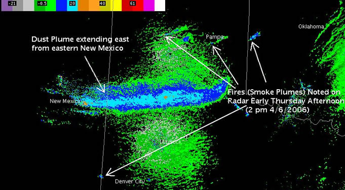 Radar image of smoke plumes and dust during the Afternoon of April 6, 2006.