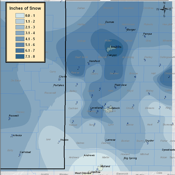 Map of snowfall reports compiled by the Lubbock office as of Thursday evening the 30th. This data is preliminary. 