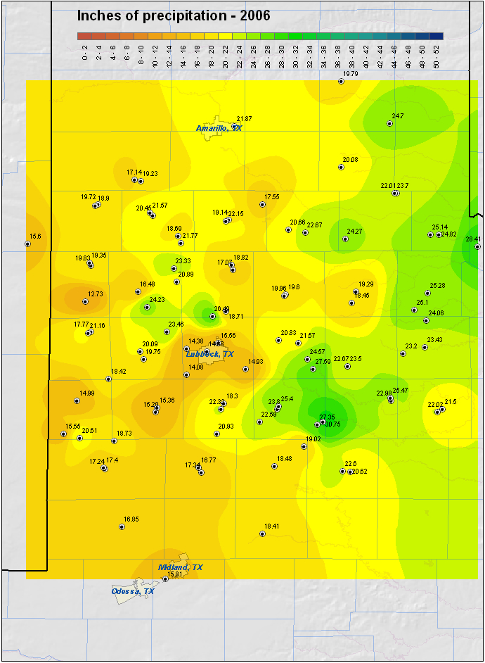Map of 2006 rainfall across the Lubbock County Warning Area.