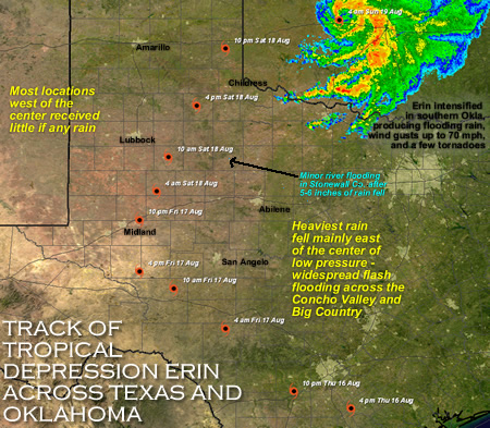 Map showing the track of Erin as it moved across Texas and into Oklahoma - please click on the image for a larger version