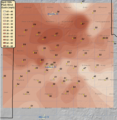 Wind gust reports from the region on April 10th, 2008