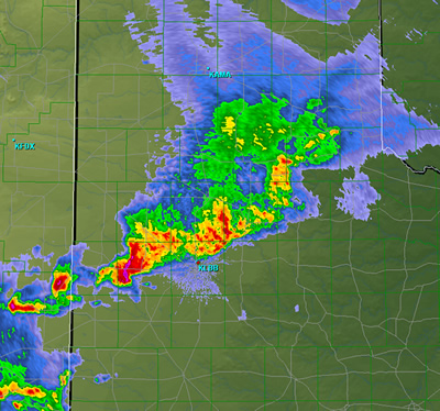 Radar image of the squall line which moved through much of the area Monday night