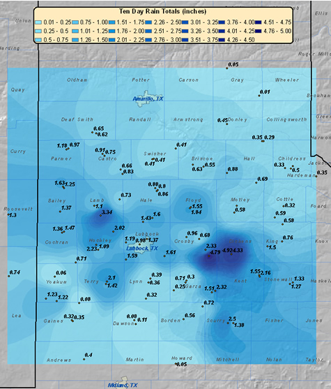 mage of rainfall totals, in inches, for December 9-11, 2007. The rainfall data is courtesy of the Texas Tech West Texas Mesonet and the National Weather Service. Click on the image for a larger view.