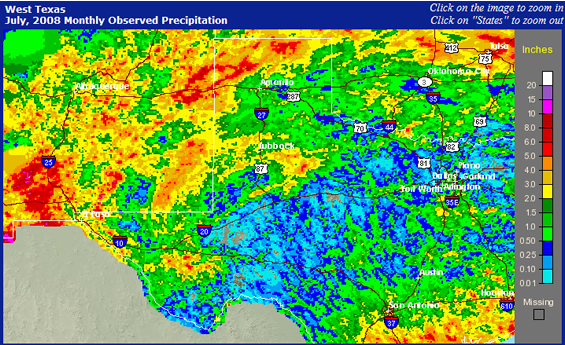 West Texas Rainfall image from the National Weather Service for the month of July