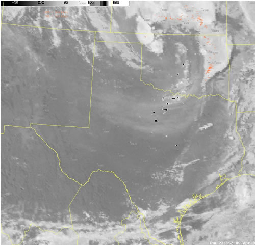 Satellite image taken Thursday afternoon (9 April 2009). The image was created by taking the difference between the 11 and 3.9 micrometer satellite channels. Click on the image for a larger view.