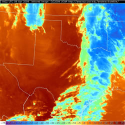 Infrared satellite image taken late Thursday morning (9 April 2009). Click on the image for a larger view.