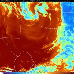 Infrared satellite image taken earlyThursday afternoon (9 April 2009). Click on the image for a larger view.