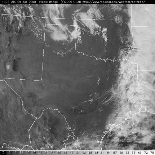 Visible satellite image early Thursday afternoon (9 April 2009). Click on the image for a larger view.