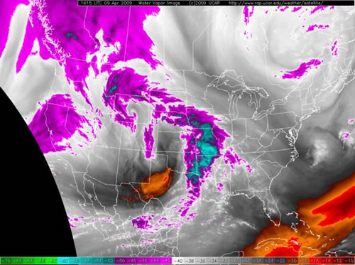 Late morning water vapor satellite imagery (9 April 2009). Click on the image for a larger view.