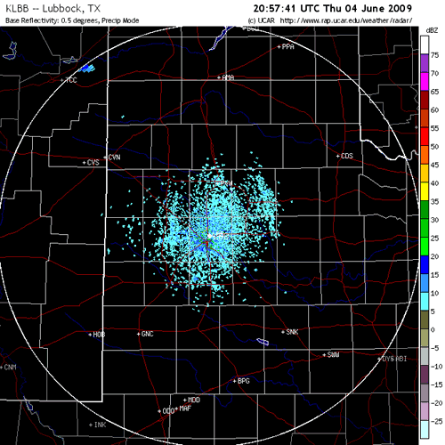 Radar animation from the Lubbock WSR-88D between 3:58 pm on Thursday (4 June 2009) to 1:00 am on Friday (5 June 2009). Images are shown approximately every hour. Click on the animation for a larger view. The images are courtesy of The National Center for Atmospheric Research.