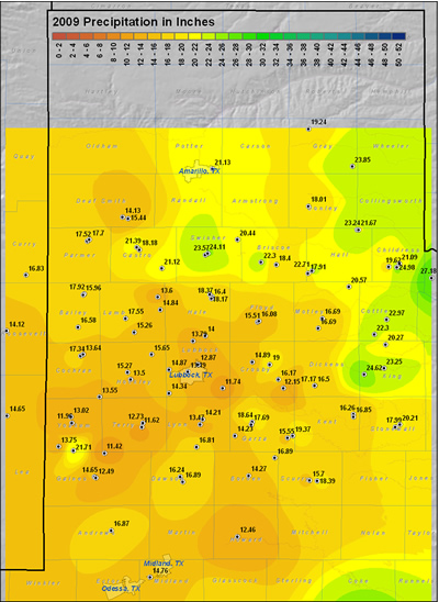 This map displays the 2009 year precipitation totals. The map was created with data gathered from the NWS Cooperative observers and the West Texas Mesonet. Click on the map to view a full-sized version.