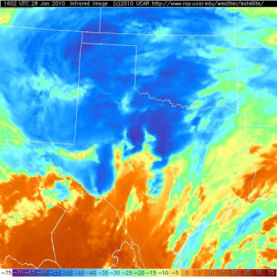 Infrared satellite image of the storm at 10:02 am on January 28, 2010. The deep blues represent colder, taller clouds where heavy precipitation, and in some cases thunderstorms are occurring. Click on the image for a larger view.