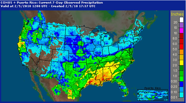 Imaging depicting the 7-day observed precipitation across the United States ending at 6 am CST on February 5, 2010. Click on the image for a larger view.