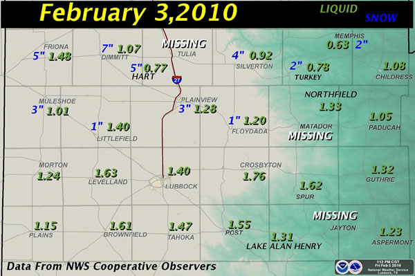 Graphic displaying the amount of rain (green) and snow (blue) observed from the February 3rd storm.  Amounts are in inches. Click on the image for a larger view.