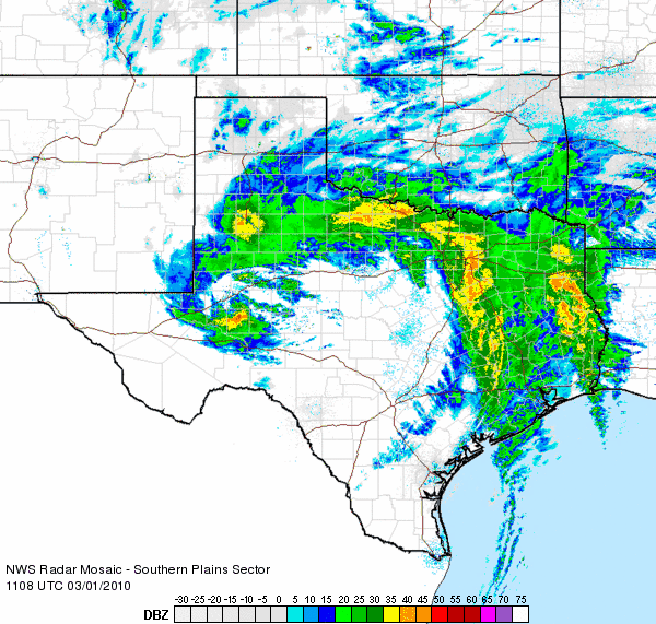 Radar animation from 5:08 am to 6:18 am on March 1, 2010.  Much of the precipitation at this time was rain, though snow was beginning to mix in across the Texas Panhandle and South Plains.