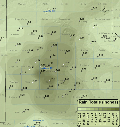 Graphic displaying 2-day precipitation totals, in inches, from  March 15th through March 16th, 2010. Rain totals are courtesy of the West Texas Mesonet and the National Weather Service. Click on the image for a             larger view.
