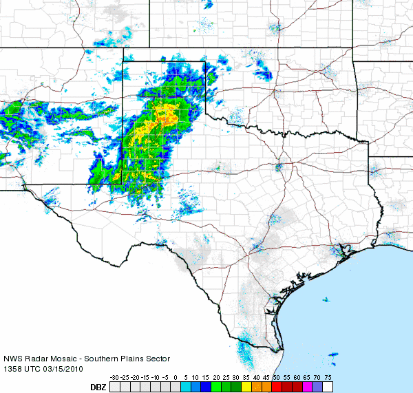 Radar animation from about 9 am to 10 am on March 15, 2010.  The precipitation at this time was still rain, with a few embedded thunderstorms